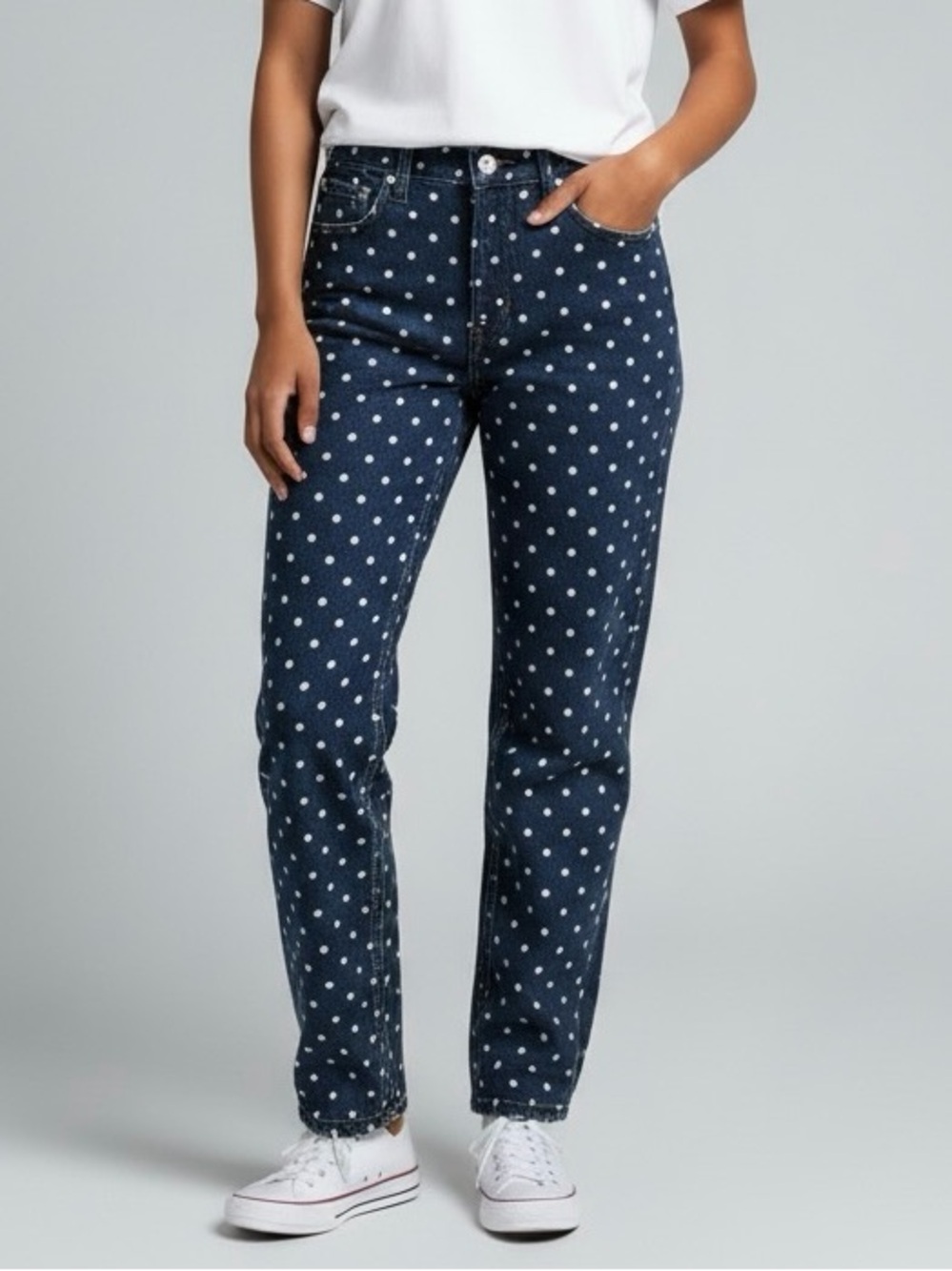 Madewell Highrise Slim Crop Boyjean Dark Blue White Polka Dot Jeans Size 27